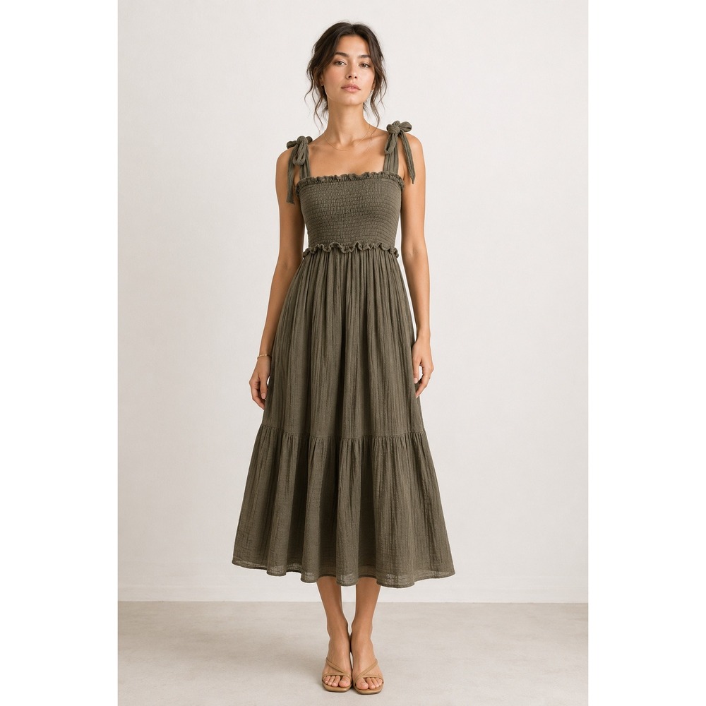 La Vie Rebecca Taylor Smocked Midi Dress XS Olive Green Tiered Cotton Gauze Boho